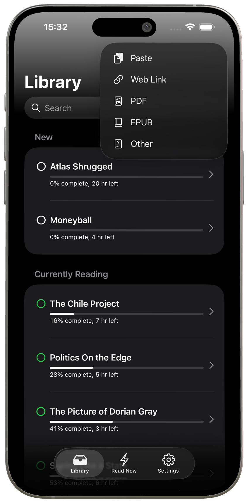 ReadMaxx import menu with Paste, Web Link, PDF and EPUB options
