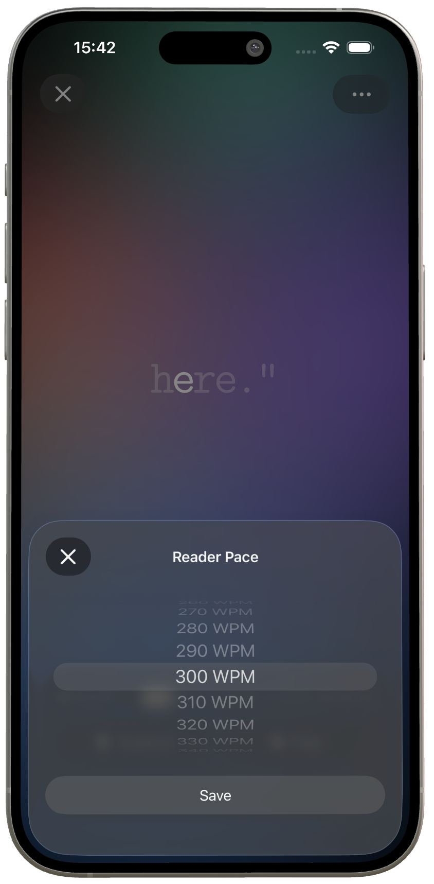 ReadMaxx reader pace picker showing adjustable words per minute