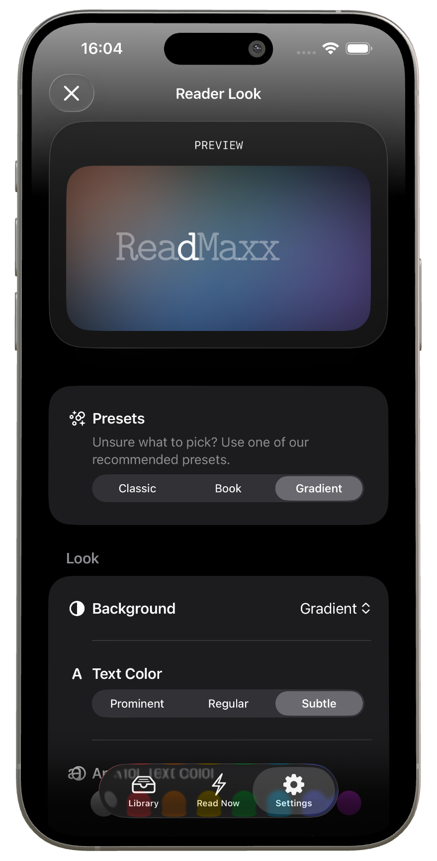 ReadMaxx Reader Look settings showing visual presets, background style and text colour controls