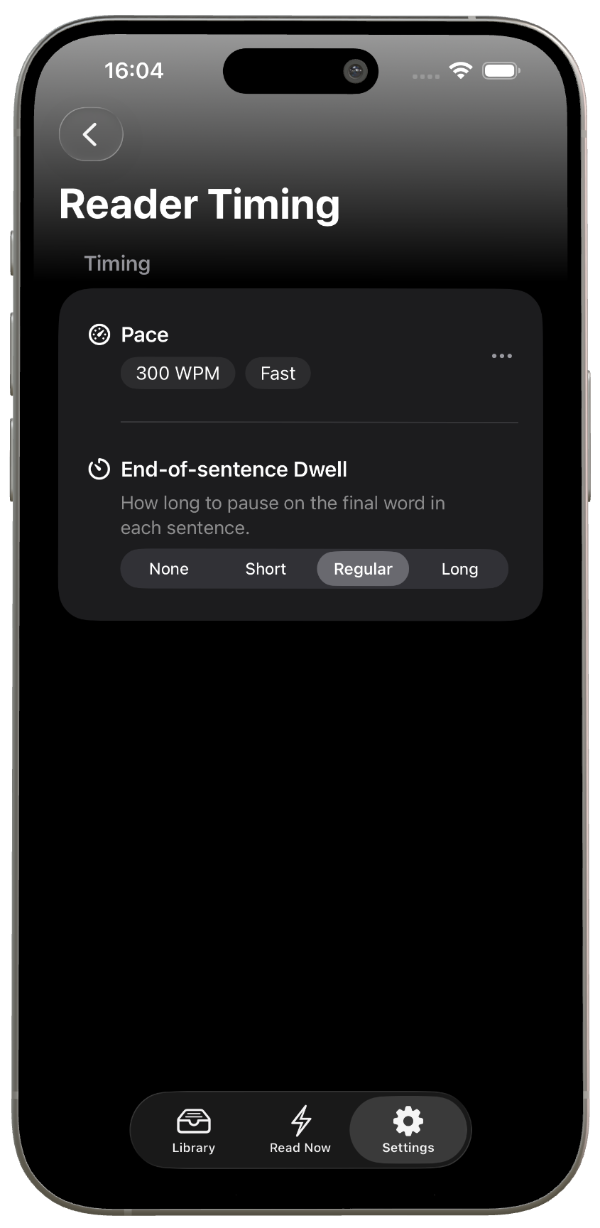 ReadMaxx Reader Timing settings showing pace and end-of-sentence dwell controls